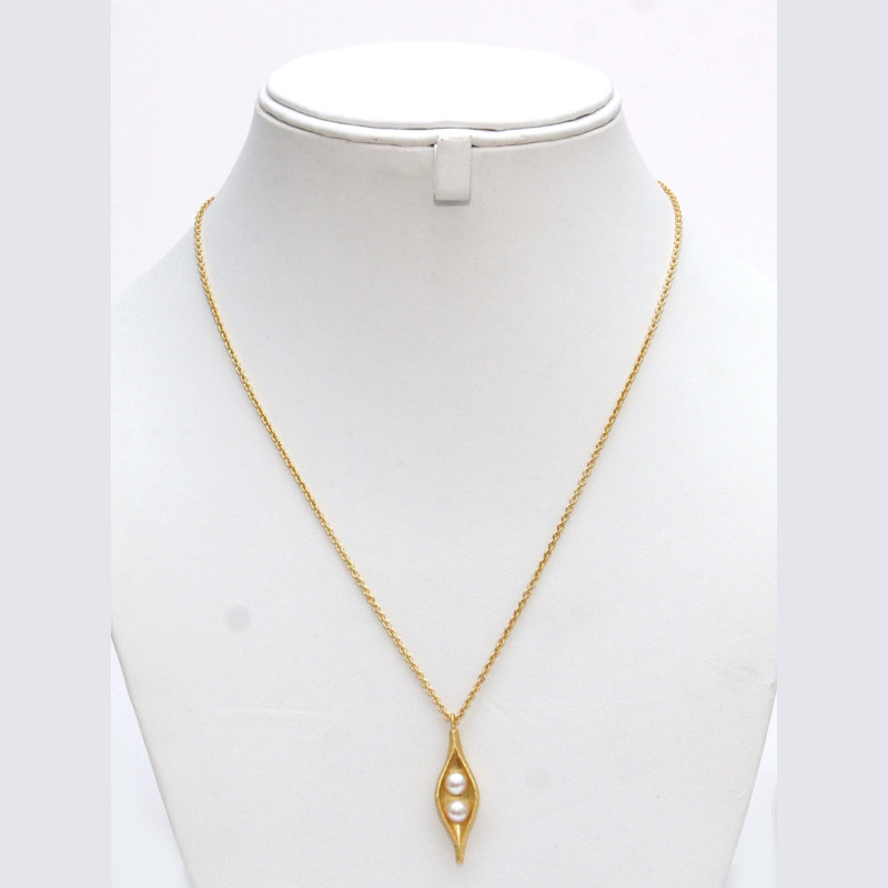 Pendant with Chain Brass Gold Plated - 1 Leaf and Pearls