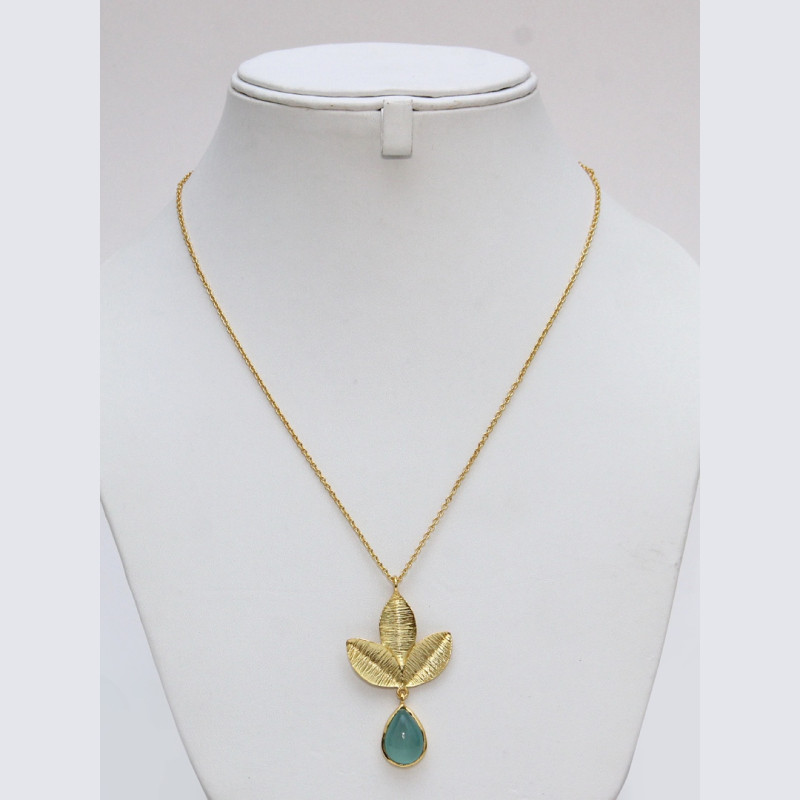 Pendant with Chain Brass Gold Plated - 3 Leaves and Aqua Chalcedony