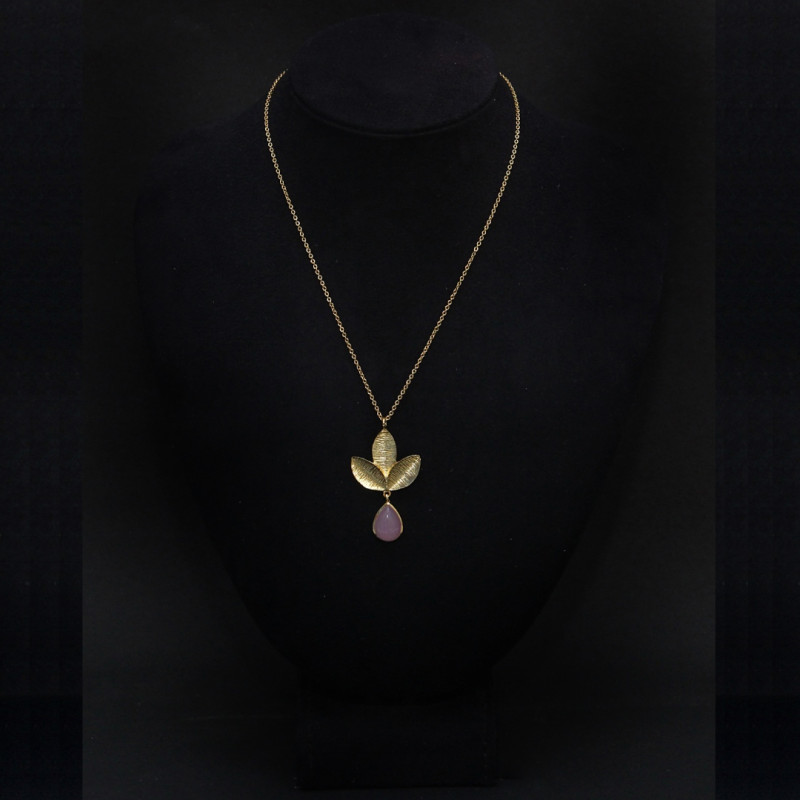Pendant with Chain Brass Gold Plated - 3 Leaves and Rose Quartz