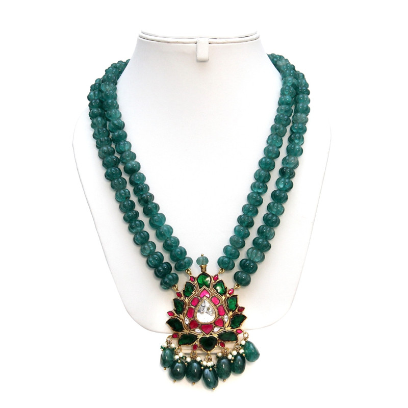 NECKLACE SET WITH SEMI PREIOUS GREEN JADE STONES BRASS WITH GOLD PLATING