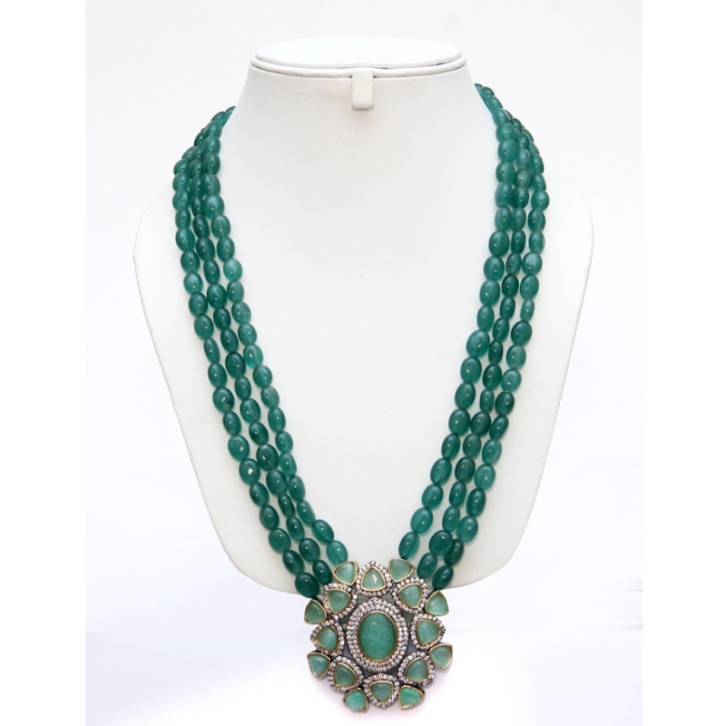 NECKLACE SET GREEN AVENTURINE MULTI STRING WITH MINT GREEN STONE PENDENT