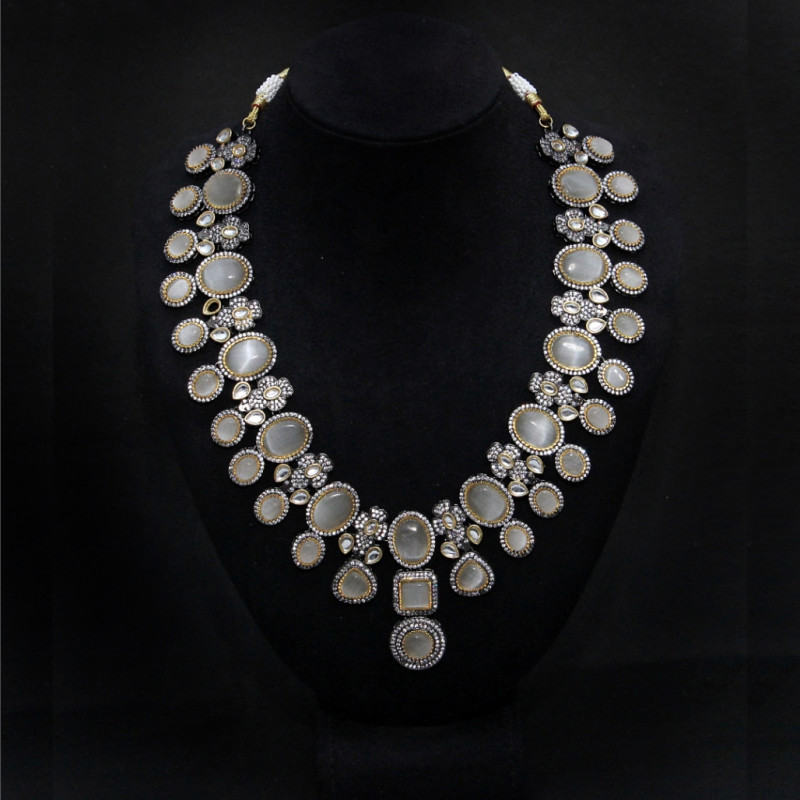 Necklace Antique Finish Set in Brass with Gray Stones