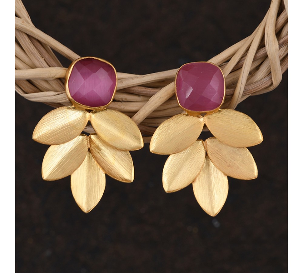 Earrings  Gold Plated with Pink Stone