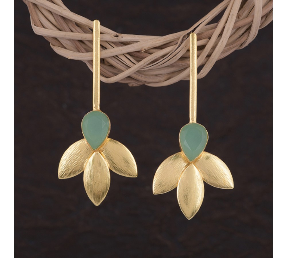 Earrings Gold Plated leaf with Aqua Stone