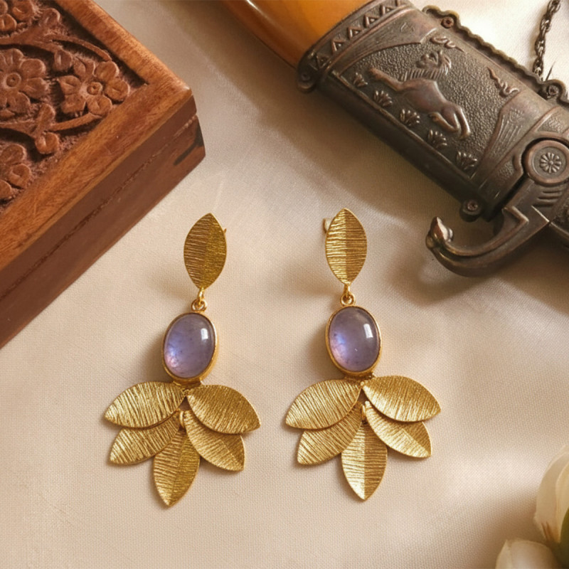 Earrings Brass Gold Plated Leaf Fashion Earrings with Rose Chalcedony