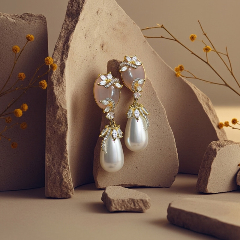 Earrings Gold Plated, Pink Chalcedony Pearl and Champagne Zircons