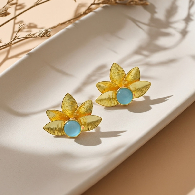 Earrings Brass Gold Plated - 5 Leaves with Aqua Chalcedony