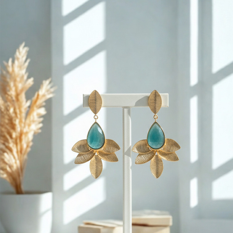 Earrings Brass Gold Plated Leaf Fashion Earrings with Rose Chalcedony