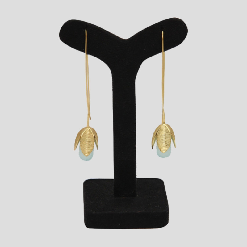 Earrings Brass Gold Plated Leaf Fashion Earring With Aqua Chalcedony