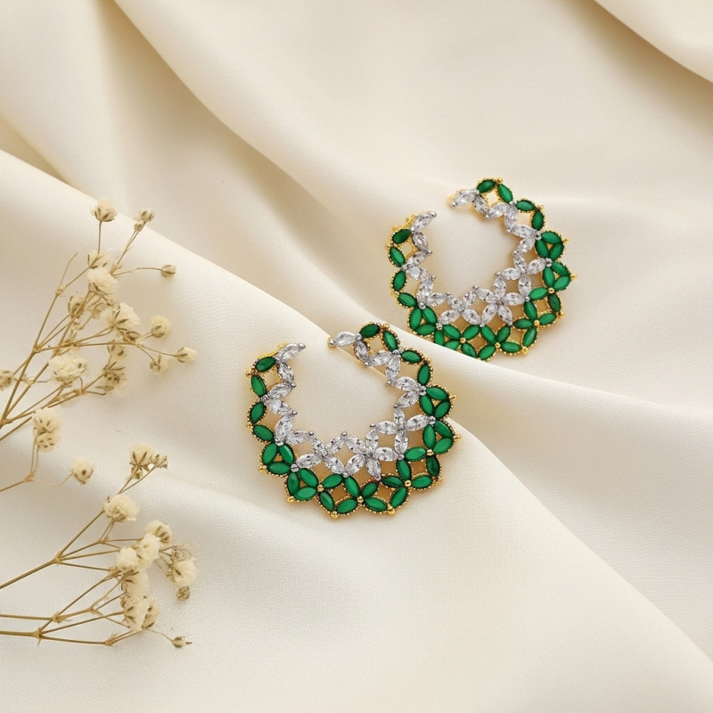Earrings Gold Plated, with Green Cut Stones and Zircons