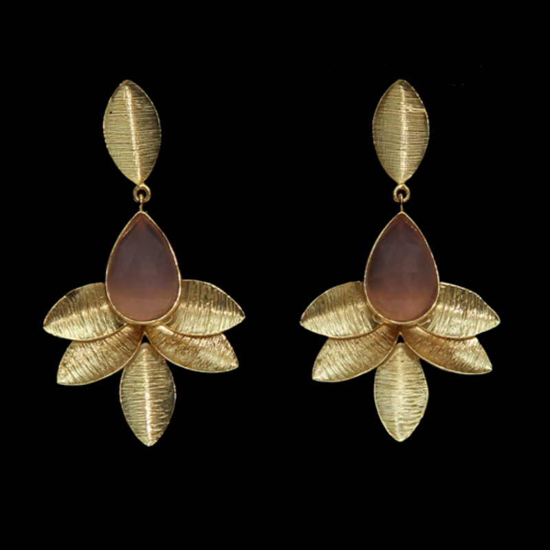 Earrings Brass Gold Plated - Leaves with Rose Quartz