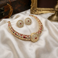 HASLI NECKLACE SET WITH AMERICAN DIAMOND & MEENAKARI RED