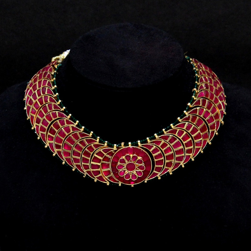 Choker Set With Kundan Jadau and Red Chaand Tikdi (Copper with Gold Plating)
