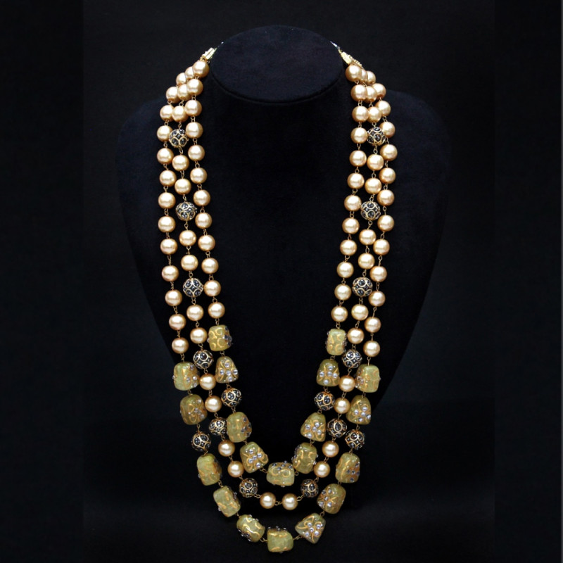 NECKLACE PEARLS,MARCASITE BEAD,YELLOW CALCEDONIA