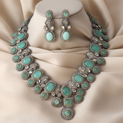 Necklace Antique Finish Set in Brass with Mint Green Stones