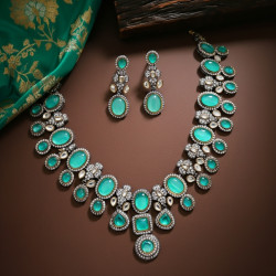 Necklace Antique Finish  Set in Brass with Green Stones