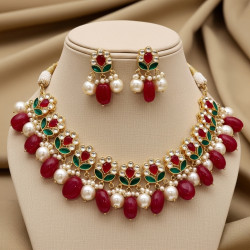 Necklace Set Kundan Jadau with Red Onyx & Pearls Drops