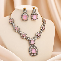 Necklace Set Antique Finish with Doublet Pink Stone