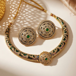 HASLI NECKLACE SET WITH AMERICAN DIAMOND & MEENAKARI GREEN