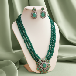 NECKLACE SET GREEN AVENTURINE MULTI STRING WITH MINT GREEN STONE PENDENT