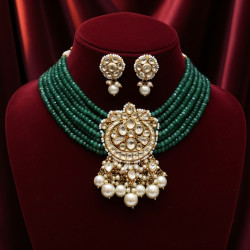 NECKLACE SET WITH GREEN JADE SEMI PRECIOUS STONES & KUNDAN PENDANT BRASS WITH GOLD PLATING