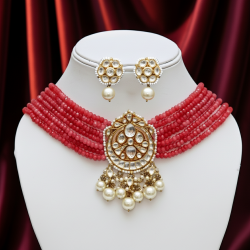 NECKLACE SET WITH PINK JADE SEMI PRECIOUS STONES & KUNDAN PENDANT BRASS WITH GOLD PLATING