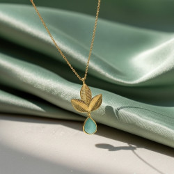 Pendant with Chain Brass Gold Plated - 3 Leaves and Aqua Chalcedony