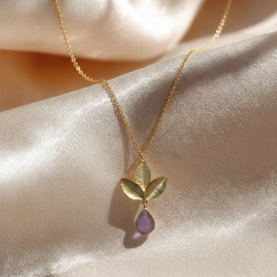 Pendant with Chain Brass Gold Plated - 3 Leaves and Rose Quartz