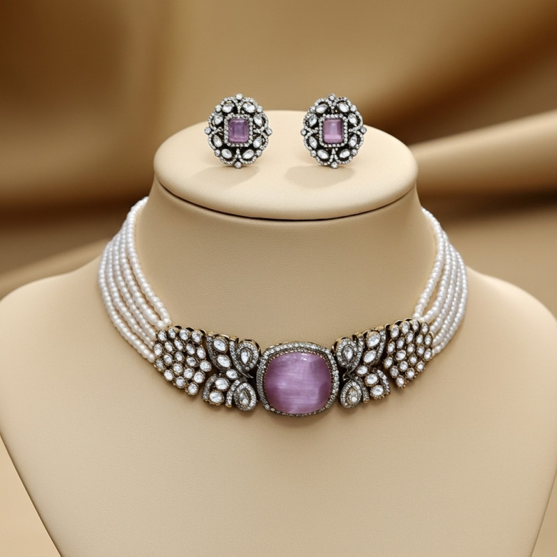 CHOKER SET ANTIQUE FINISH AND PINK JADE STONES WITH CHEED PEARLS