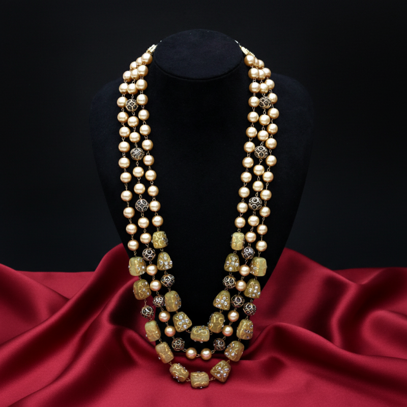 NECKLACE PEARLS,MARCASITE BEAD,YELLOW CALCEDONIA