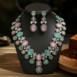 Necklace Antique Finish Set in Brass with Pink and Mint Green Stones