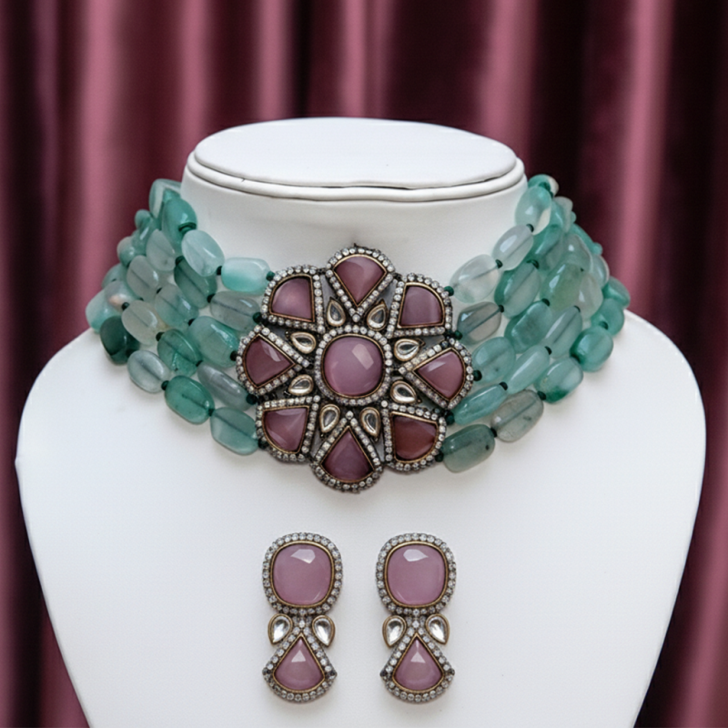 CHOKER SET WITH SHADED GREEN JADE MULTI STRING WITH PINK STONE PENDEN