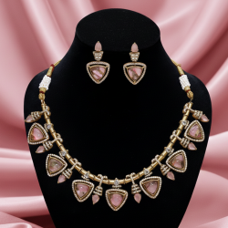 Neckalce Set Antique Finish with Doublet Dark Pink Stone