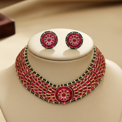Choker Set With Kundan Jadau and Red Chaand Tikdi (Copper with Gold Plating)