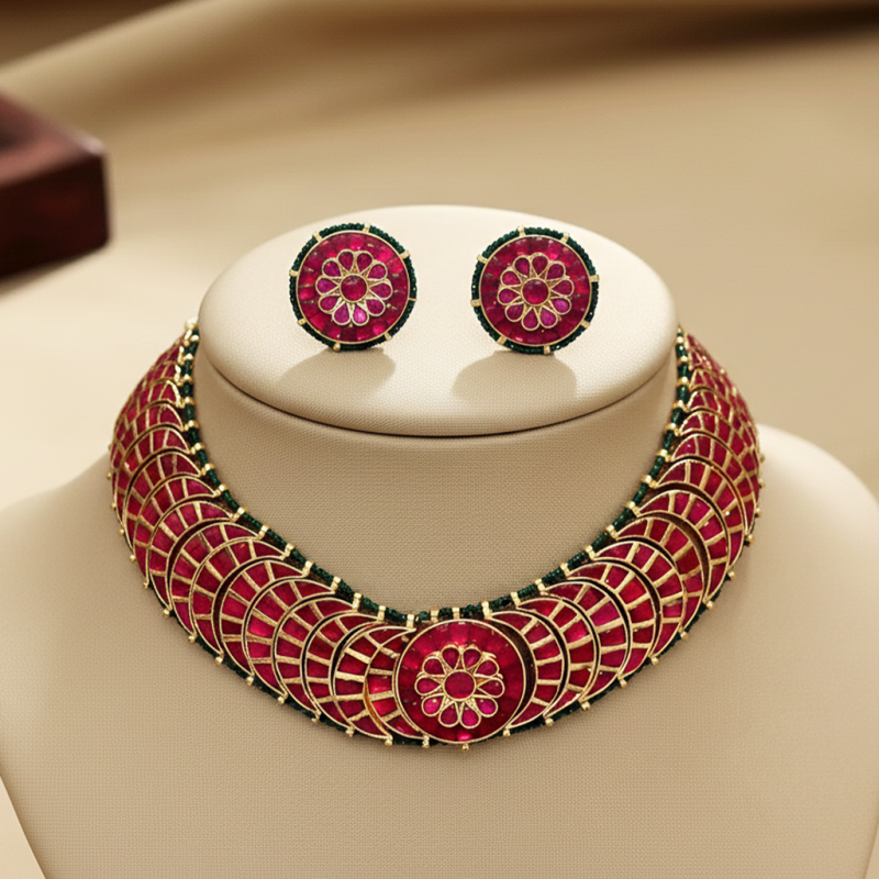Choker Set With Kundan Jadau and Red Chaand Tikdi (Copper with Gold Plating)
