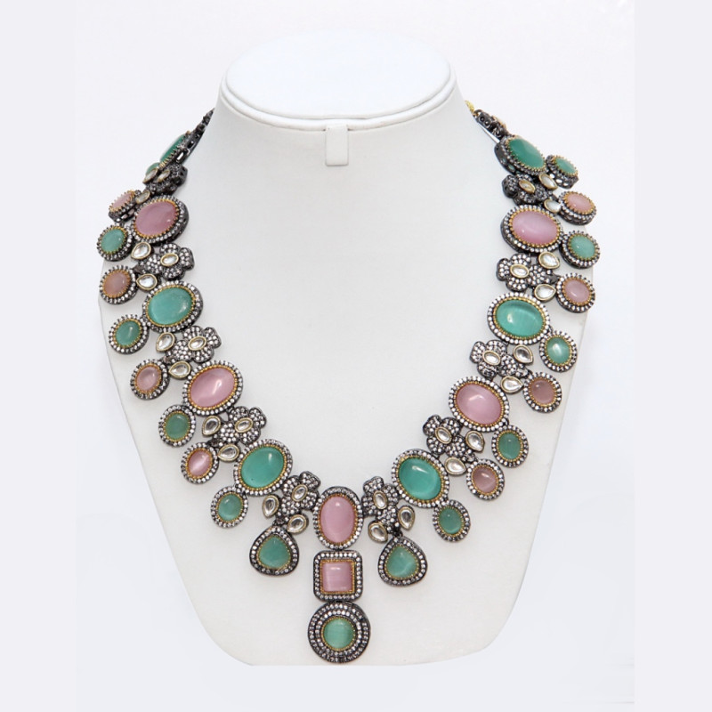 Necklace Antique Finish Set in Brass with Pink and Mint Green Stones