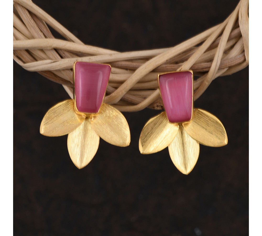 Earrings  Gold Plated with Pink Stone