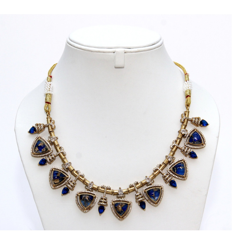Neckalce Set Antique Finish with Doublet Blue Stone