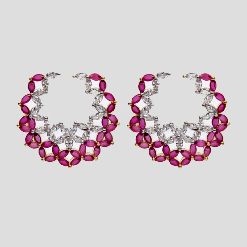 Earrings Gold Plated, with Red Cut Stones and Zircons