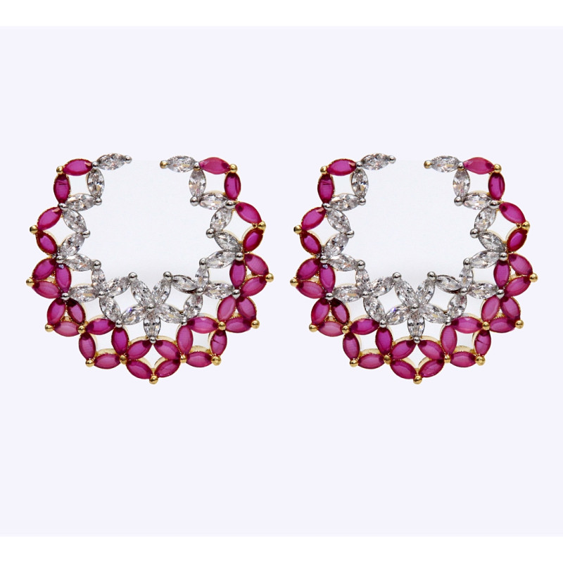 Earrings Gold Plated, with Red Cut Stones and Zircons