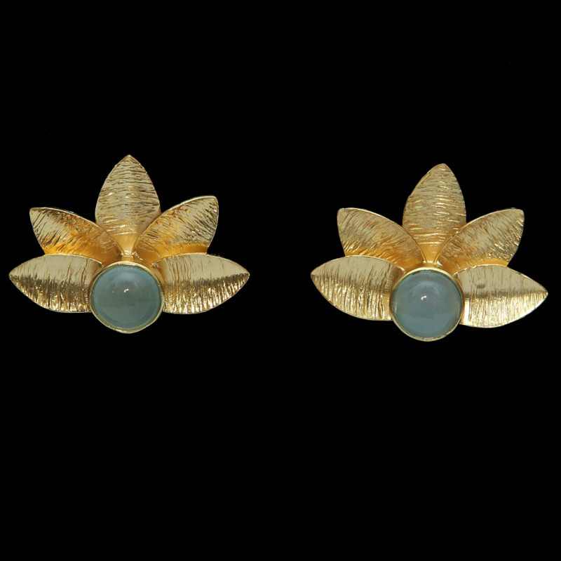 Earrings Brass Gold Plated - 5 Leaves with Aqua Chalcedony