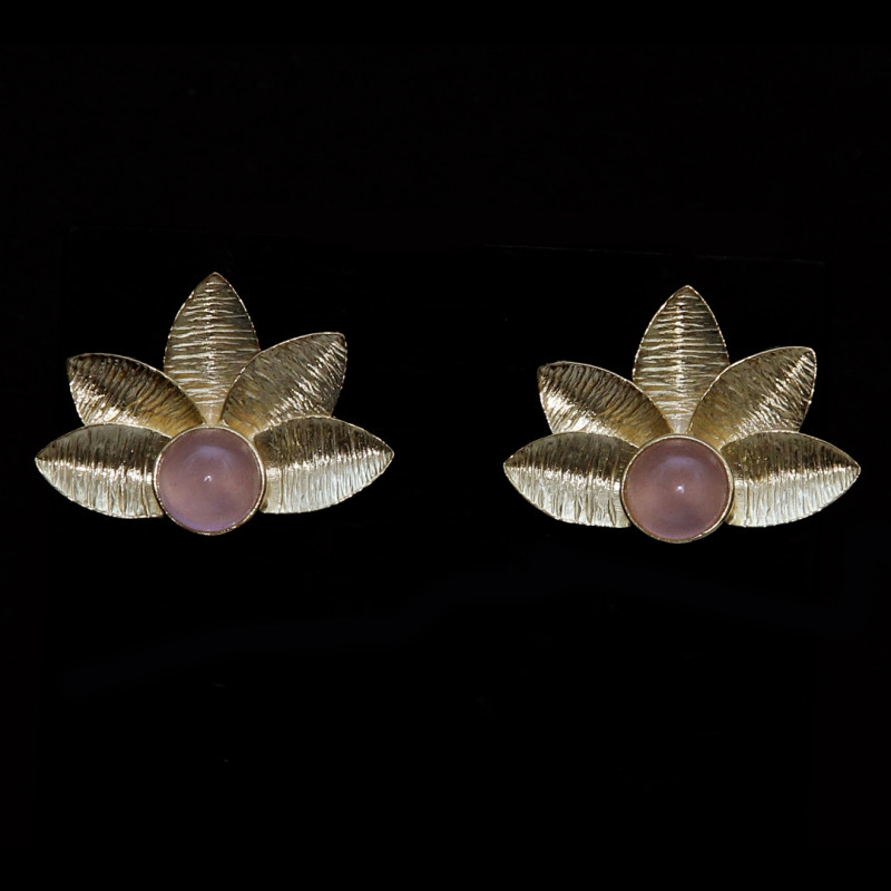 Earrings Brass Gold Plated - 5 Leaves with Rose Quartz