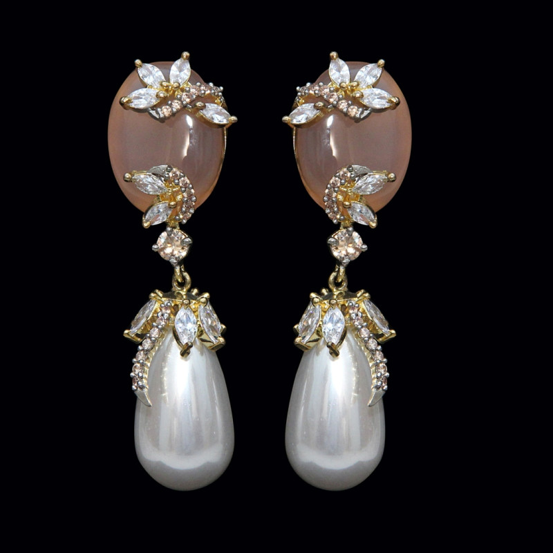 Earrings Gold Plated, Pink Chalcedony Pearl and Champagne Zircons