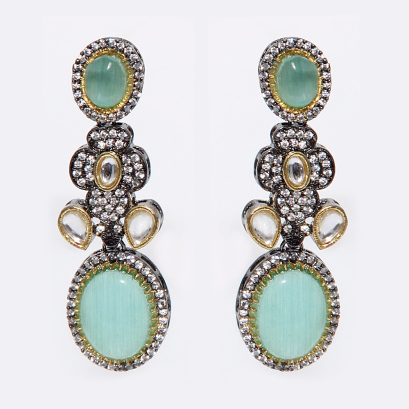 Necklace Antique Finish Set in Brass with Mint Green Stones