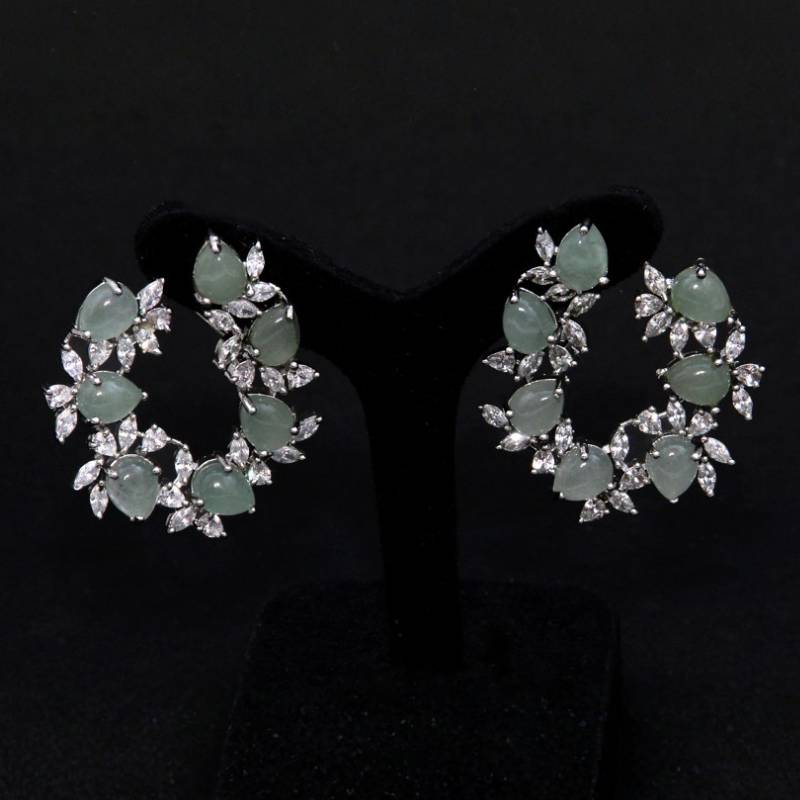 Earrings with Zircons and Light Green Aventurine