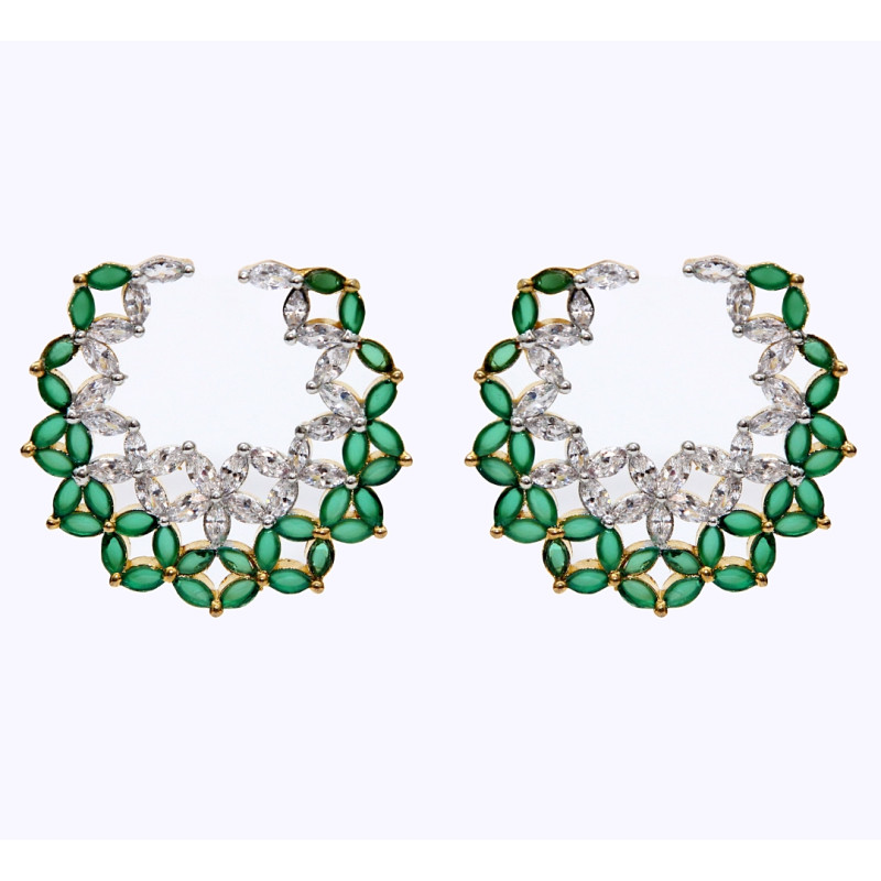 Earrings Gold Plated, with Green Cut Stones and Zircons