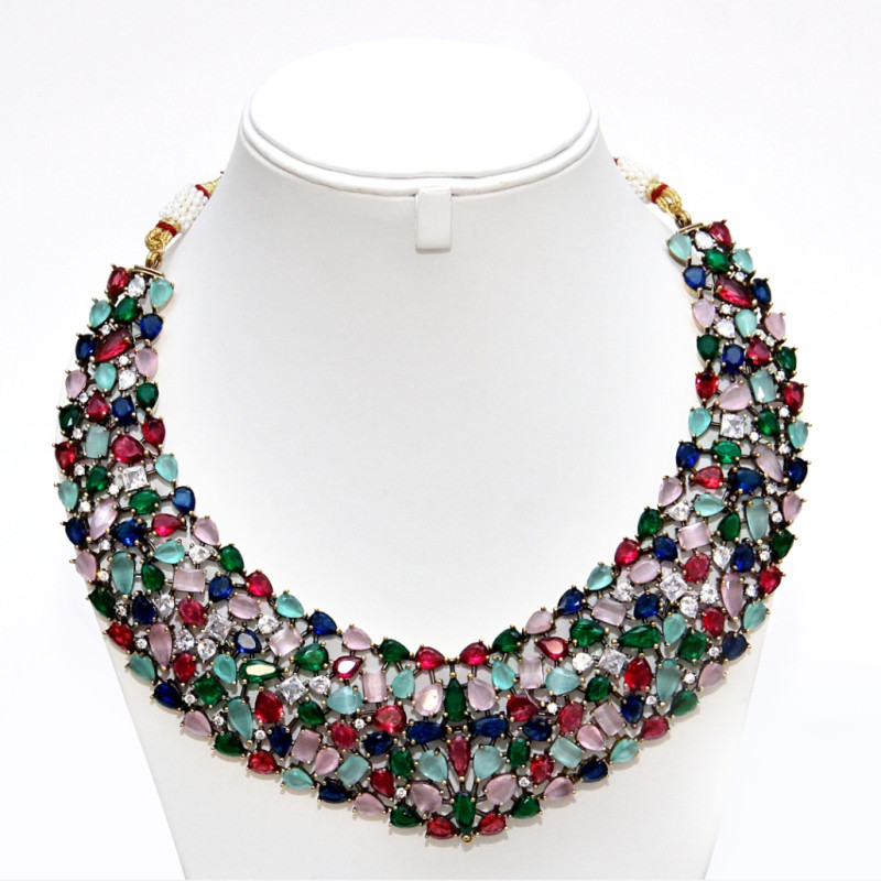 NECKLACE SET ANTIQUE FINISH WITH MULTI COLOR SETTED STONE