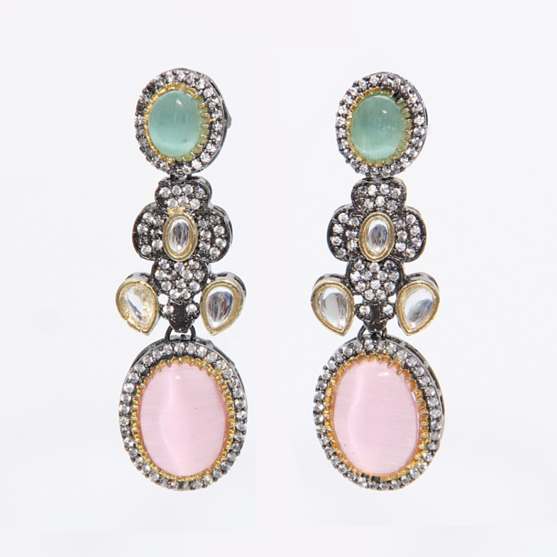 Necklace Antique Finish Set in Brass with Pink and Mint Green Stones
