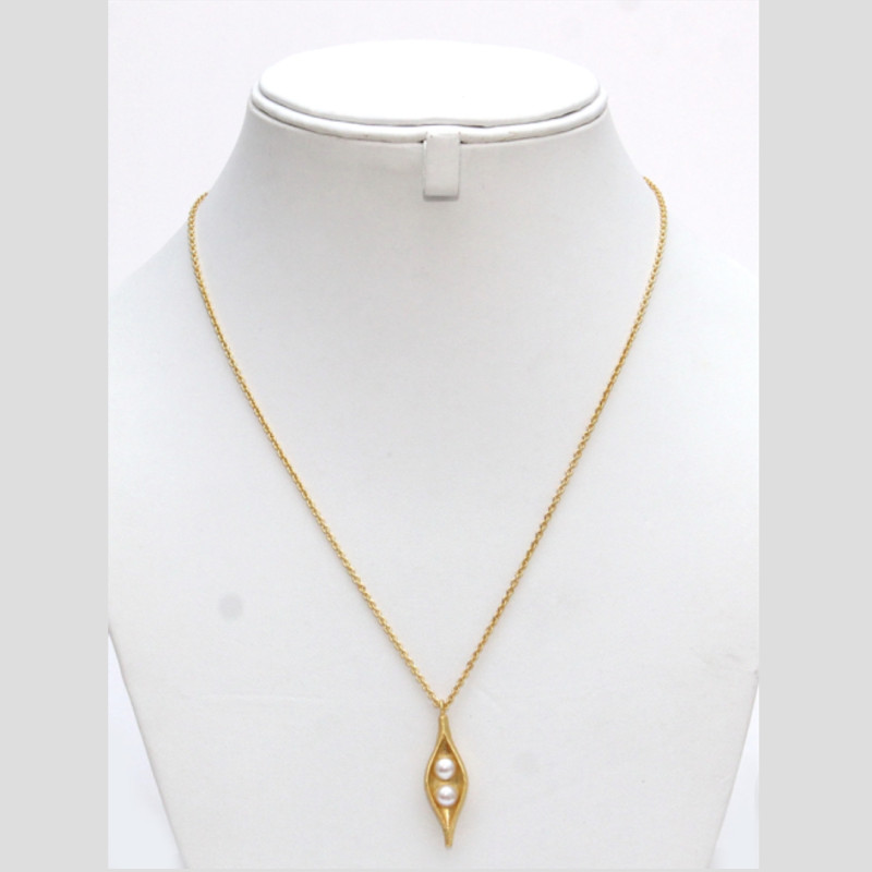 Pendant with Chain Brass Gold Plated - 1 Leaf and Pearls