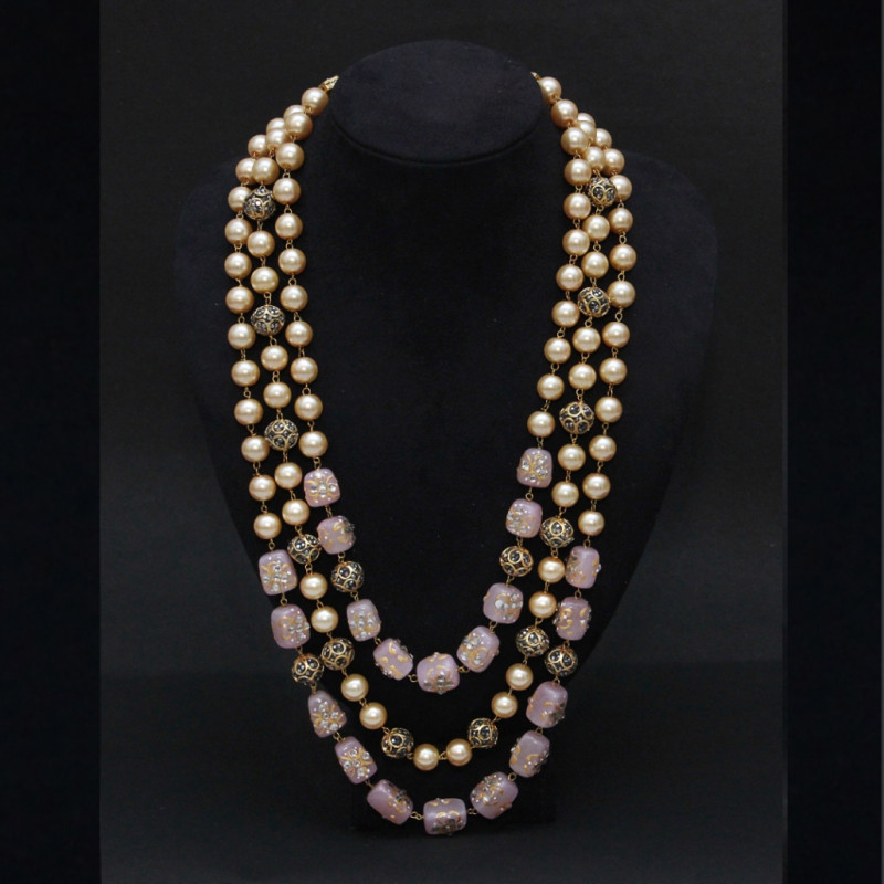 NECKLACE PEARLS,MARCASITE BEADS,PINK CALCEDONIA
